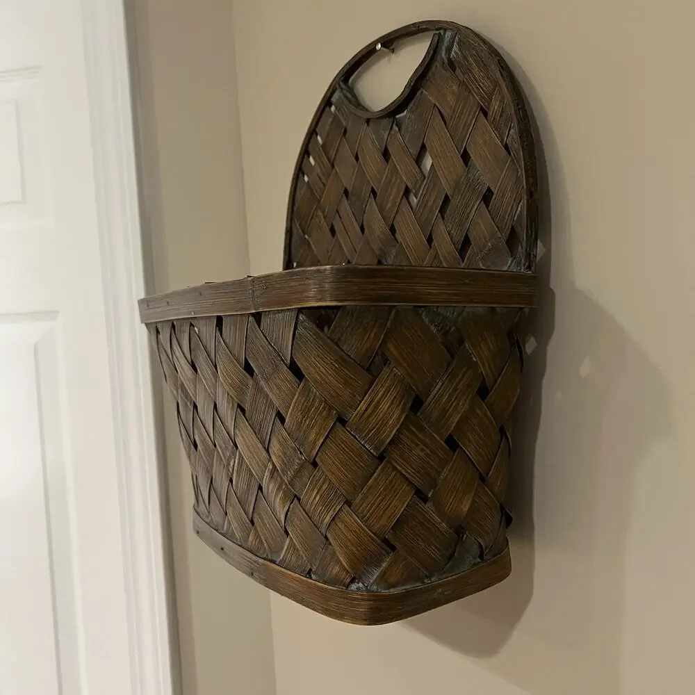 Vintage Handwoven Hanging Wall Basket Wood Splint Primitive Rustic Wall Pocket
